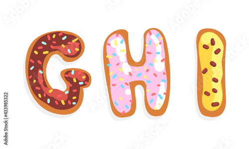 GHI Cookie Alphabet Letters, Sweet Glazed Baking Biscuit Font Cartoon Vector Illustration