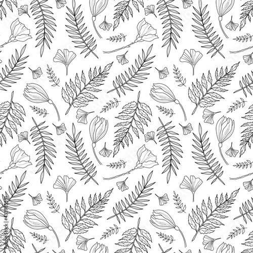 Floral seamless vector Pattern with Plants and leaves. Black Illustration on white background for textiles or wrapping paper. May be used as coloring