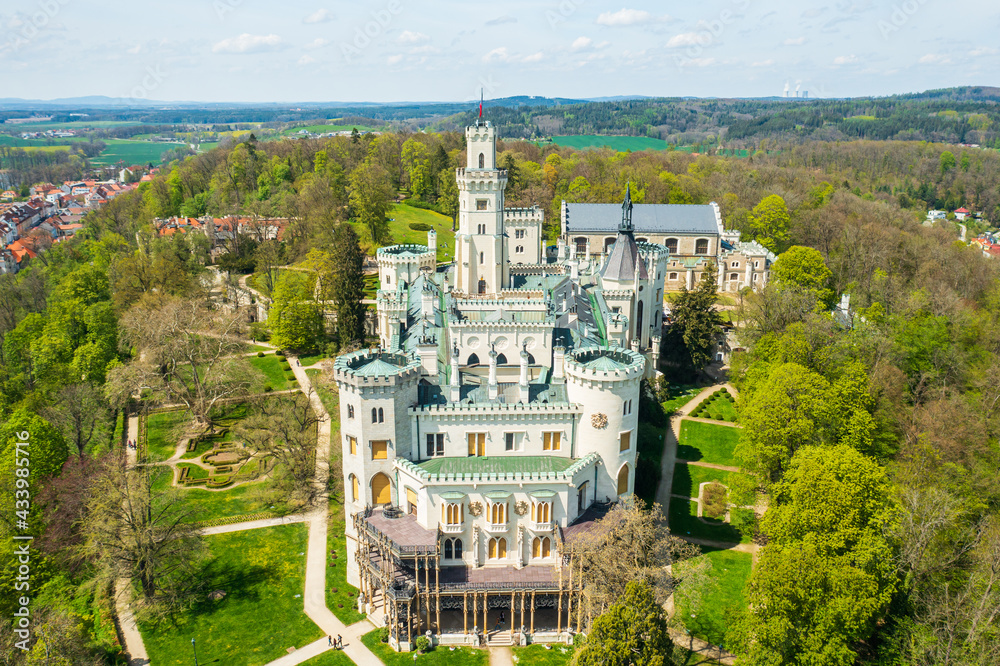 Aerial view on the castle in Hluboka nad Vltavou, historic chateau with beautiful gardens near Ceske Budejovice, Czech Republic