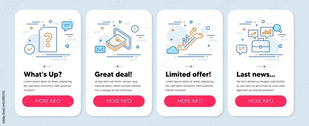 Set of line icons, such as Unknown file, Cash, Escalator symbols. Mobile screen app banners. Business portfolio line icons. Doc with question mark, Atm payment, Elevator. Job interview. Vector