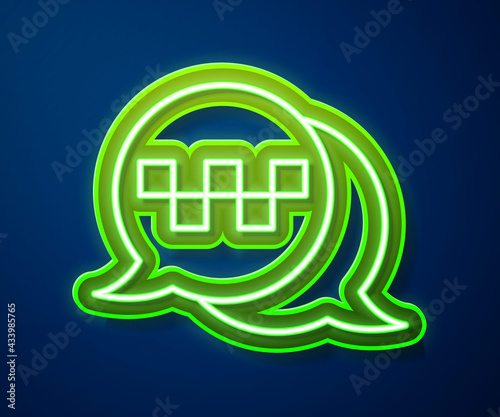 Glowing neon line Taxi call telephone service icon isolated on blue background. Speech bubble symbol. Taxi for smartphone. Vector