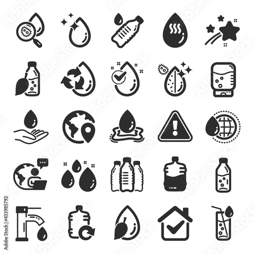 Water drop icons. Set of Bottle  Antibacterial filter and Tap water icons. Bacteria  Cooler and Refill barrel bottle. Liquid drop  antibacterial cleaner and drink machine  tap. Flat icon set. Vector