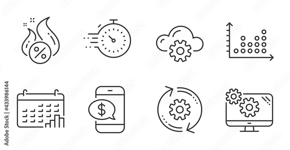Fototapeta premium Timer, Calendar graph and Dot plot line icons set. Cloud computing, Cogwheel and Settings signs. Phone payment, Hot loan symbols. Deadline management, Annual report, Presentation graph. Vector