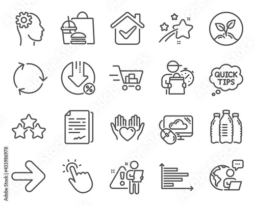 Business icons set. Included icon as Cloud computing, Touchpoint, Hold heart signs. Recycling, Water bottles, Engineering symbols. Ranking stars, Next, Document signature. Startup. Vector