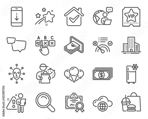 Business icons set. Included icon as Ice creams, Vip ticket, Cash signs. Search, Refrigerator, Speech bubble symbols. Cloud computing, No internet, Correct checkbox. Face biometrics. Vector