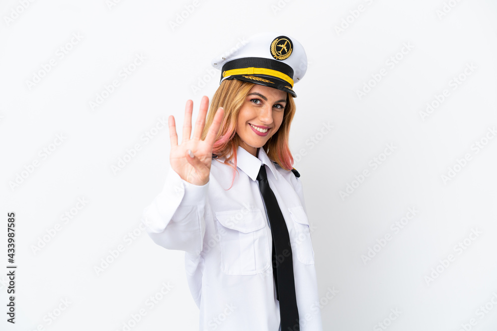 Airplane pilot over isolated white background happy and counting four with fingers Airplane pilot over isolated white background happy and counting four with fingers
