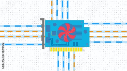Graphics card for PS platform with two dvi ports, component for video games and cryptocurrency minerization. Drawn computer graphics card on the background of bitcoin photo