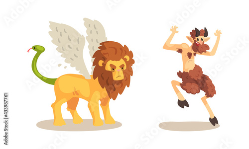 Ancient Mythical Creatures Set, Satyr Faun, Winged Lion Cartoon Characters Vector Illustration