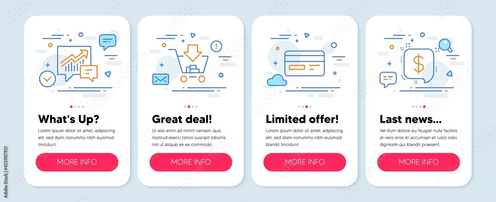 Set of Finance icons, such as Credit card, Shopping, Accounting symbols. Mobile screen mockup banners. Payment message line icons. Card payment, Add to cart, Supply and demand. Finance. Vector