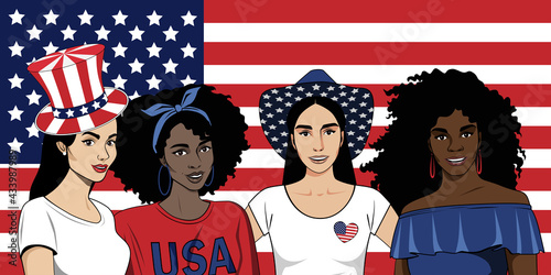 Vector image of a beautiful American woman on the background of the American flag. Independence Day of America. Design for banners, flyers, postcards.