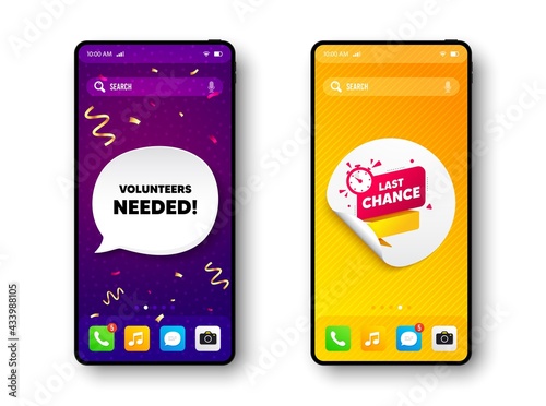 Last chance offer banner. Phone mockup vector confetti banner. Sale timer tag. Countdown clock promo icon. Social story post template. Volunteers needed speech buuble. Cell phone frame banner. Vector