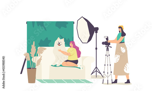 Domestic Animal Photo Session, Pets Photography Shoot. Photographer Female Character Make Photo of Girl Hugging Dog