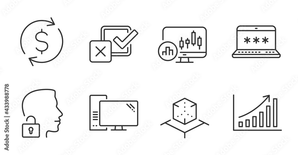 Graph chart, Laptop password and Augmented reality line icons set. Candlestick chart, Checkbox and Unlock system signs. Computer, Dollar exchange symbols. Quality line icons. Graph chart badge. Vector