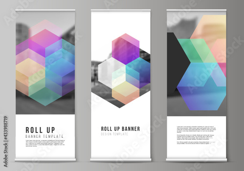 Vector layout of roll up mockup design templates with colorful hexagons, geometric shapes, tech background for vertical flyers, flags design templates, banner stands, advertising design mockups.
