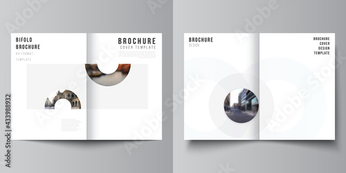Vector layout of two A4 cover mockups templates for bifold brochure, flyer, magazine, cover design, book design. Background template with rounds, circles for IT, technology. Minimal style.