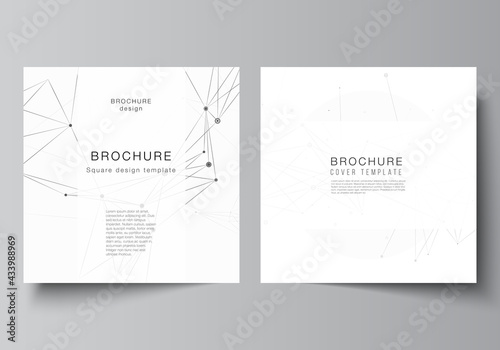 Vector layout of two square covers templates for brochure, flyer, magazine, cover design, book design, brochure cover. Gray technology background with connecting lines and dots. Network concept.