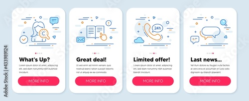 Set of Business icons, such as Collagen skin, Read instruction, 24h service symbols. Mobile screen banners. Messenger line icons. Skin care, Opened book, Call support. Speech bubble. Vector