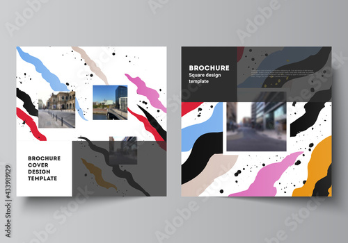 Vector layout of two square covers design templates for brochure, flyer, magazine, cover design, book design, brochure cover, creative agency, corporate, business, portfolio, pitch deck, startup.