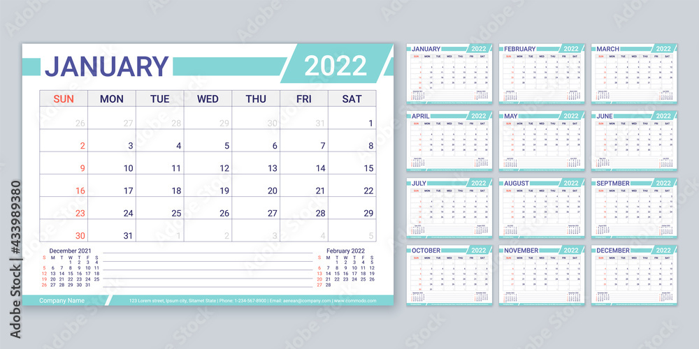 Calendar 2022 year. Planner, calender template. Week starts Sunday. Vector. Yearly stationery organizer with 12 month. Table schedule grid. Horizontal monthly diary layout. Color simple illustration. Calendar 2022 year. Planner, calender template. Week starts Sunday. Vector. Yearly stationery organizer with 12 month. Table schedule grid. Horizontal monthly diary layout. Color simple illustration.
