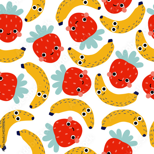 Seamless pattern with funny banana and strawberry. Kids summer print. Vector hand drawn illustration.
