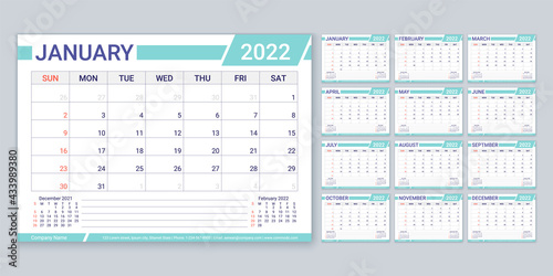 Calendar 2022 year. Planner, calender template. Week starts Sunday. Vector. Yearly stationery organizer with 12 month. Table schedule grid. Horizontal monthly diary layout. Color simple illustration.