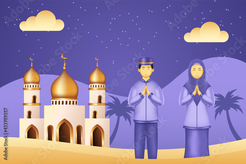 Islamic background paper cut style with mosque, man and woman praying. Islamic background suitable for Ramadan, Eid al Adha, Eid al Fitr.