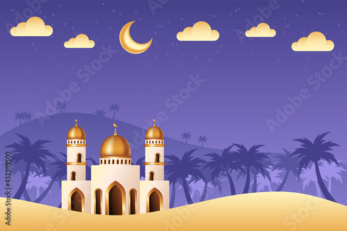 Lovely islamic background with Mosque in the middle of desert. Islamic background suitable for Ramadan, Eid al Adha, Eid al Fitr.