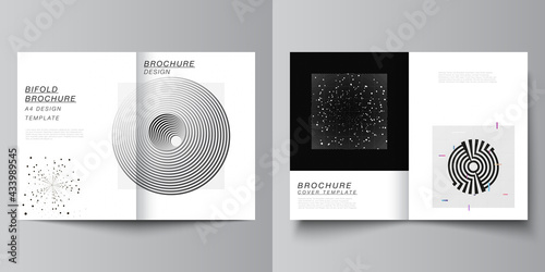 Vector layout of two A4 cover mockups design templates for bifold brochure, flyer, cover design, book design.Black color technology background. Digital visualization of science, medicine, tech concept