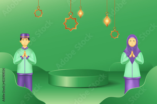 Modern 3d display podium decoration in green background with man and woman praying, clouds. Product presentation suitable for Ramadan, Eid al Adha, Eid al Fitr.