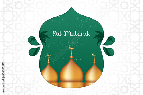 Luxury Eid Mubarak with realistic 3d golden mosque and decorations. Islamic background suitable for Ramadan, Eid al Adha, Eid al Fitr.
