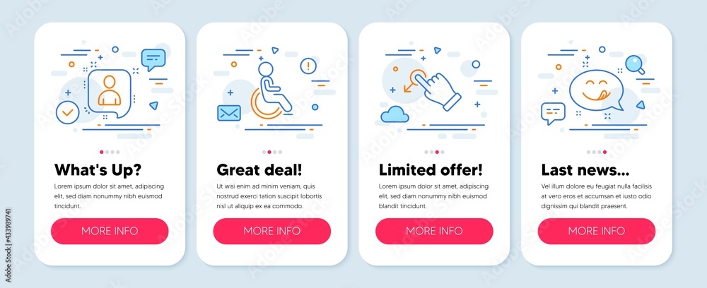 Set of People icons, such as Disabled, Developers chat, Drag drop symbols. Mobile screen mockup banners. Yummy smile line icons. Handicapped wheelchair, Manager talk, Move. Emoticon. Vector