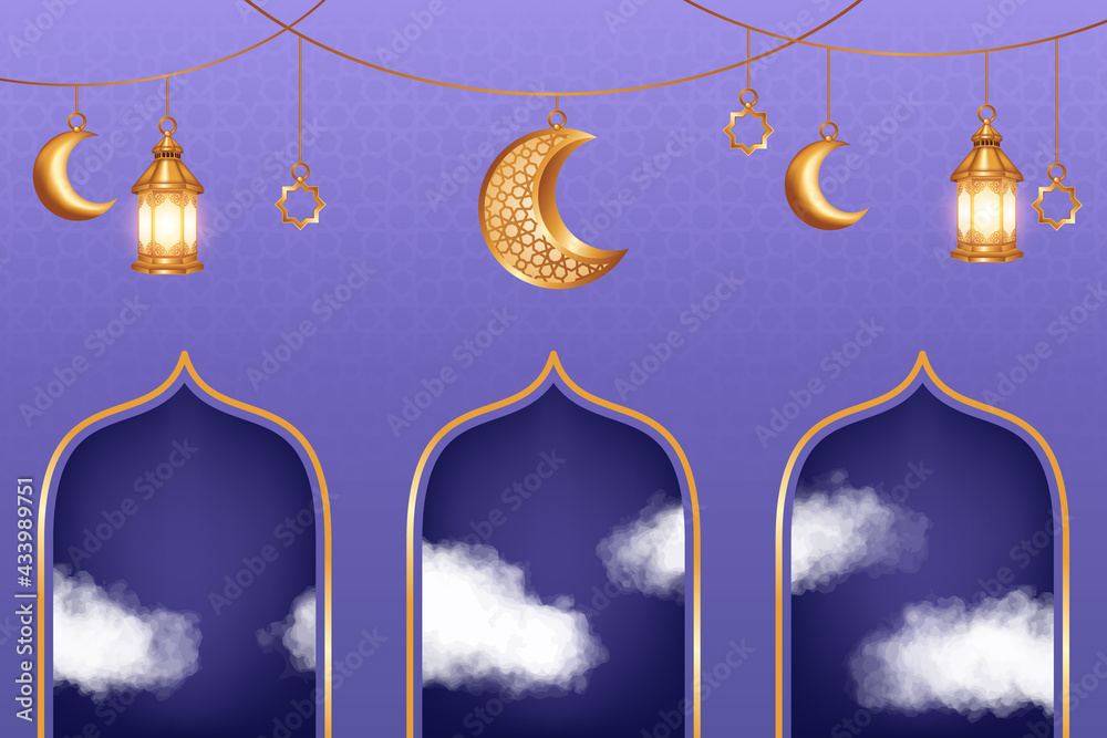 Luxury Islamic background with realistic 3d clouds and golden crescent ...
