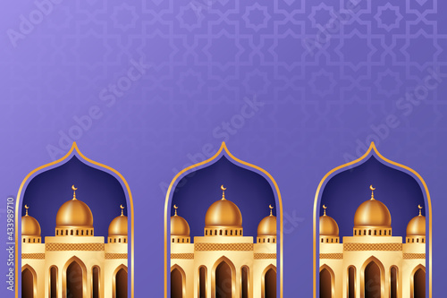 Luxury Islamic background with realistic 3d golden mosque. Islamic background suitable for Ramadan, Eid al Adha, Eid al Fitr.