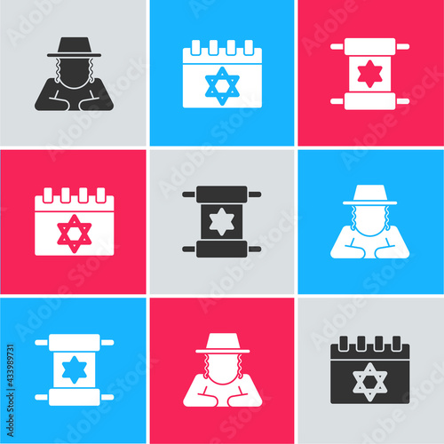 Set Orthodox jewish hat, Jewish calendar and Torah scroll icon. Vector
