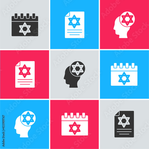 Set Jewish calendar, Torah scroll and Orthodox jewish hat icon. Vector