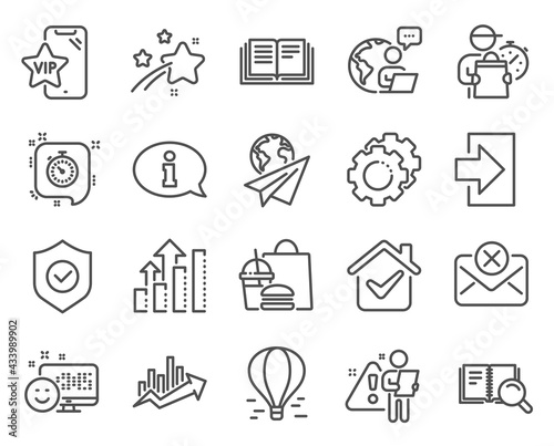 Technology icons set. Included icon as Air balloon, Settings gears, Login signs. Education, Smile, Vip phone symbols. Growth chart, Security shield, Reject mail. Analysis graph, Timer. Vector