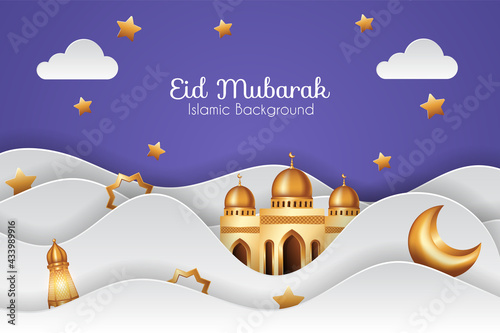 Eid mubarak background in paper cut style with 3d golden mosque and decorations. Islamic background suitable for Ramadan, Eid al Adha, Eid al Fitr.