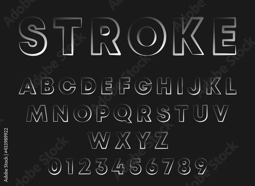 Stroke line design alphabet. Letters and numbers with different width contour lines. Stamp stroke font template. Vector illustration