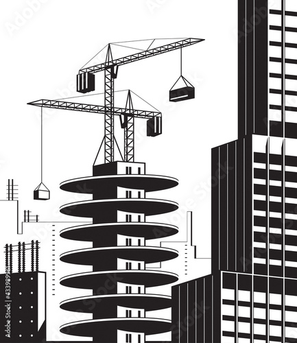 Construction of high rise building among skyscrapers – vector illustration