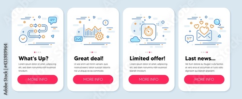 Set of Business icons, such as Methodology, Timer, Operational excellence symbols. Mobile app mockup banners. Love mail line icons. Development process, Time management, Corporate business. Vector