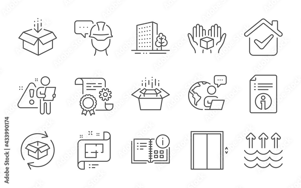 Buildings, Architectural plan and Get box line icons set. Lift, Construction document and Hold box signs. Technical info, Instruction info and Foreman symbols. Line icons set. Vector