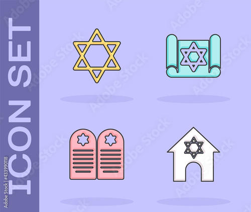 Set Jewish synagogue, Star of David, Tombstone with star david and Torah scroll icon. Vector