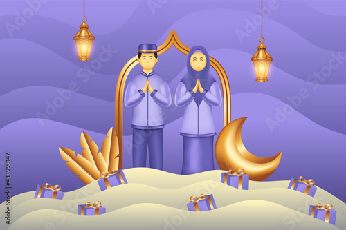 Islamic background paper cut style with gift man and woman praying. Islamic background suitable for Ramadan, Eid al Adha, Eid al Fitr.