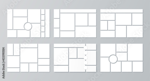 Photo collage template. Moodboard background. Vector. Picture grid. Set mood boards. Mosaic frame banner. Photography album layout with circles. Horizontal design of mockup. Simple illustration.
