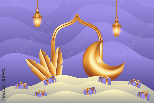 Islamic background in paper cut style with gift and golden crescent moon. Islamic background suitable for Ramadan, Eid al Adha, Eid al Fitr.