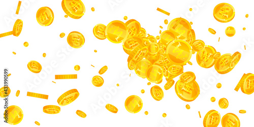 Korean won coins falling. Fresh scattered WON coins. Korea money. Glamorous jackpot, wealth or success concept. Vector illustration.