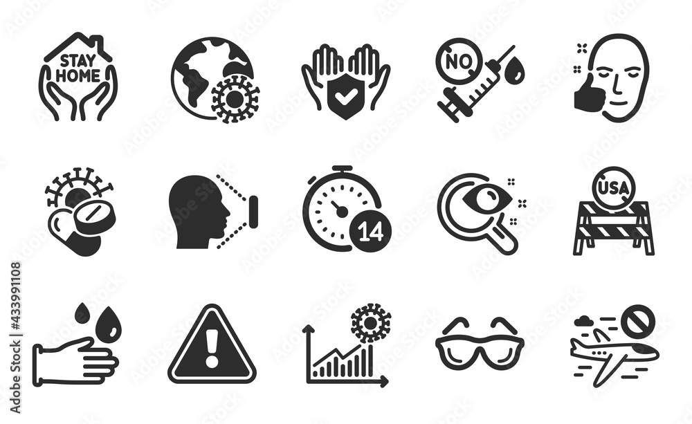 Fototapeta premium Quarantine, Vision test and Rubber gloves icons simple set. Healthy face, Usa close borders and Coronavirus pills signs. Eyeglasses, Cancel flight and Insurance hand symbols. Flat icons set. Vector