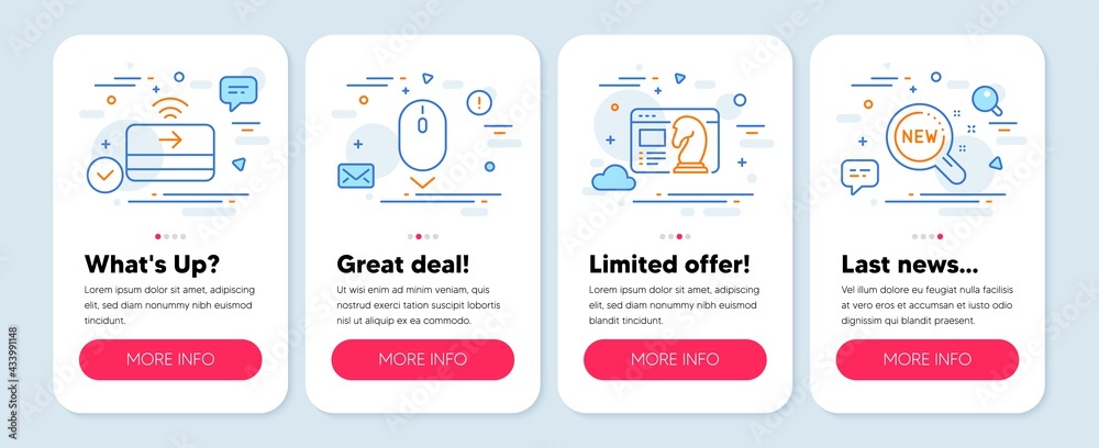 Set of Technology icons, such as Seo strategy, Scroll down, Contactless payment symbols. Mobile app mockup banners. New products line icons. Chess knight, Mouse swipe, Financial payment. Vector