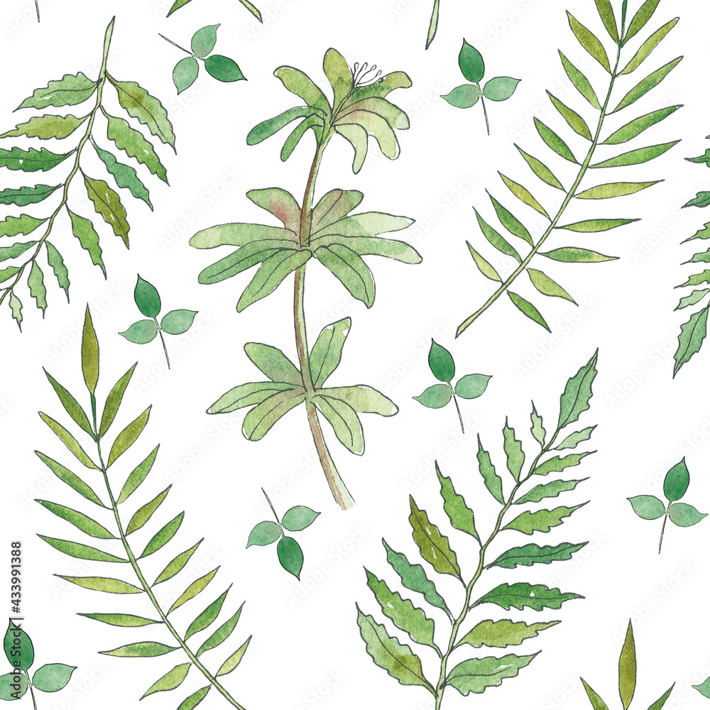 Watercolor Seamless leaf Pattern. Illustration of green plants on white Background. Botanical ornament for elegant textile fabric or wrapping paper