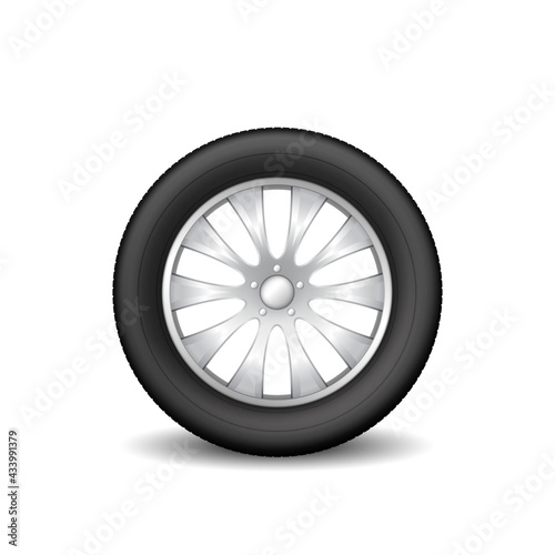 Car tire wheel isolated on white background. Realistic rubber protector and metal disk